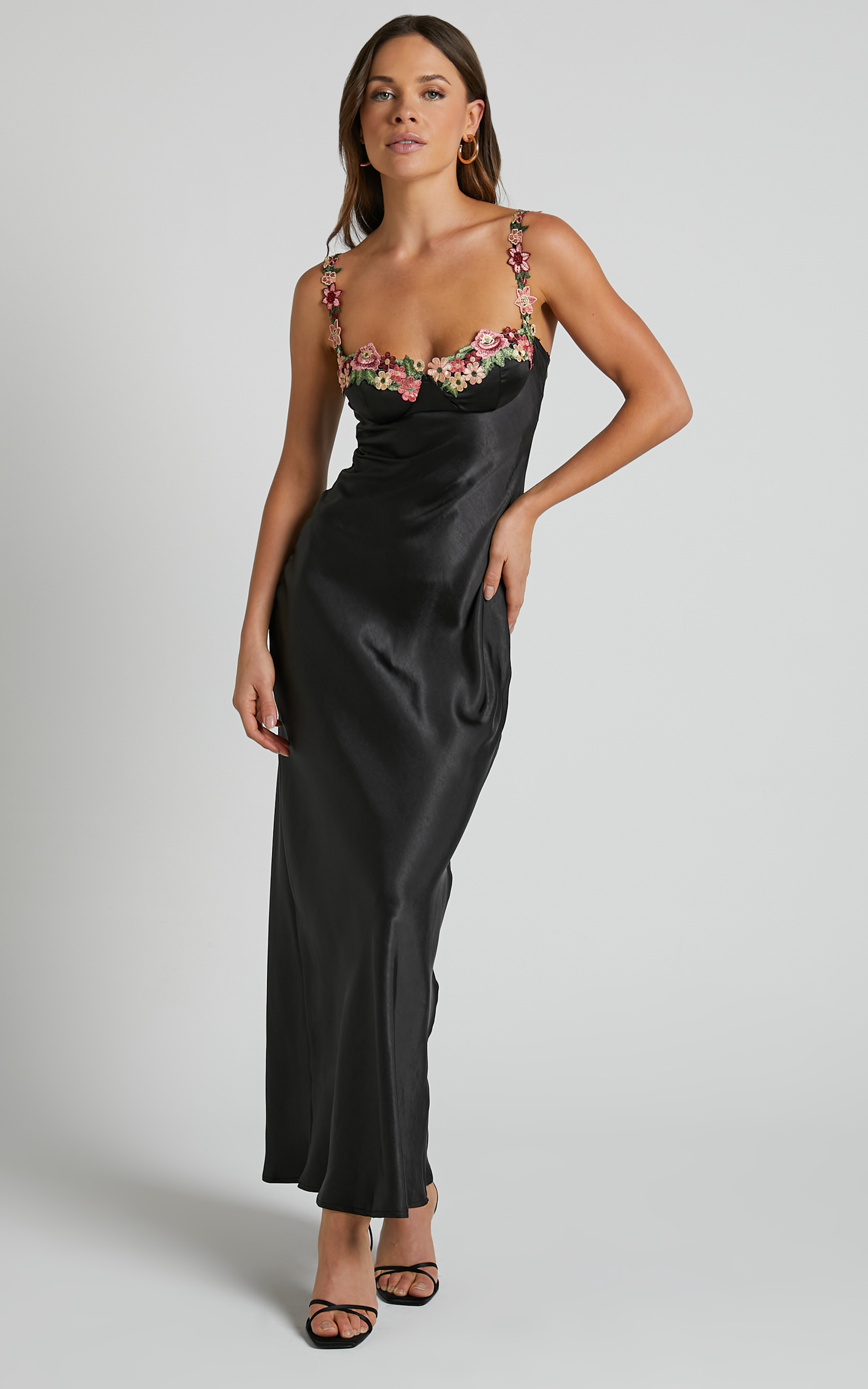 Harmony Maxi Dress - Floral Detail Cup Bust Satin Dress