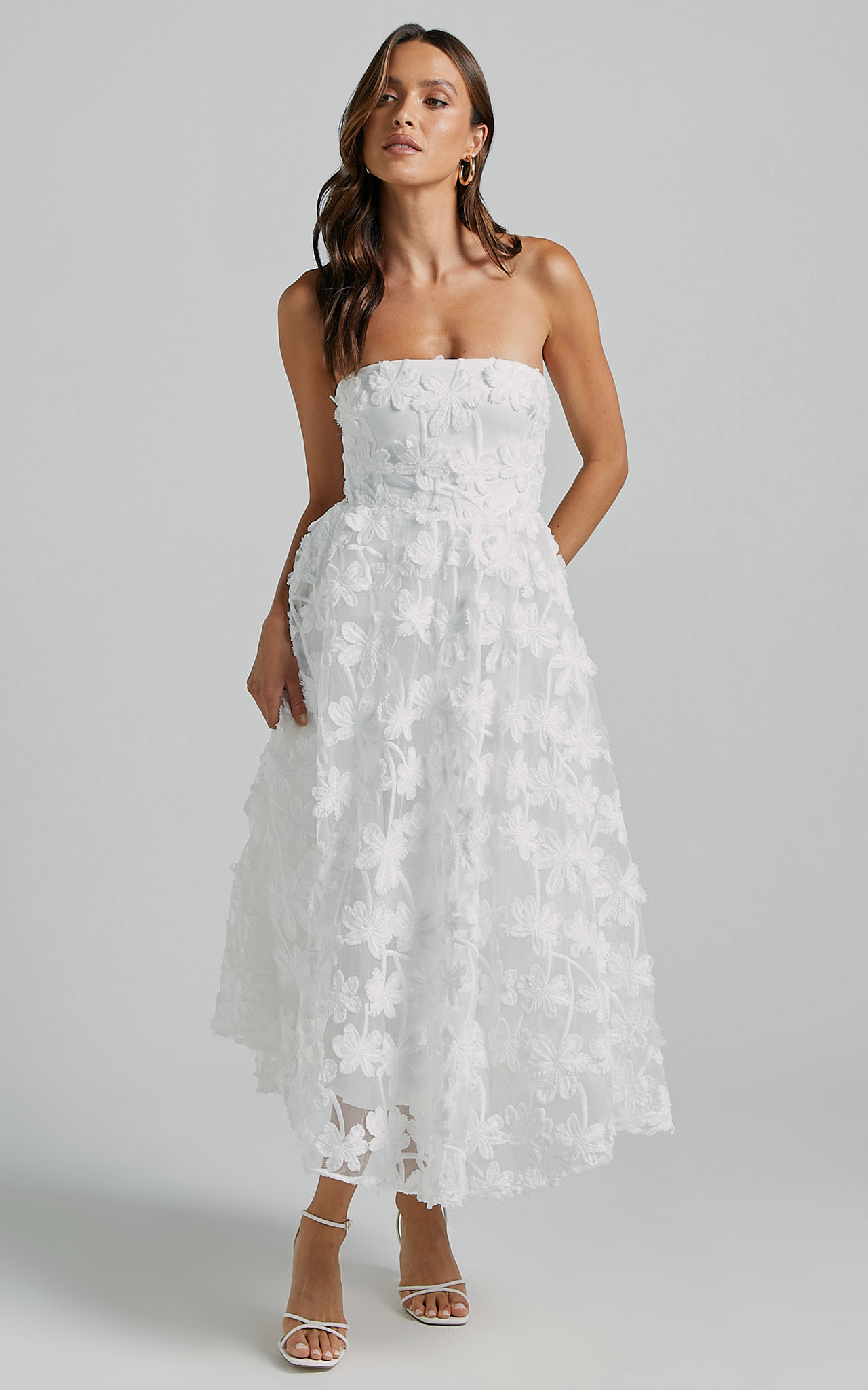 Rheiva Midi Dress - Strapless 3D Embroidery Midi Dress