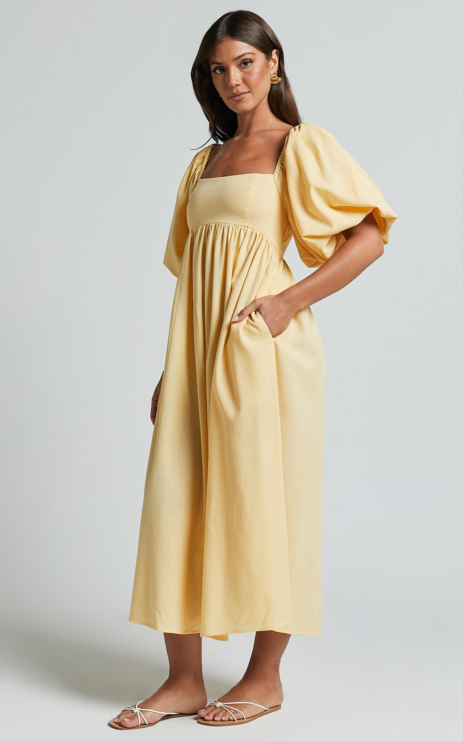 Cenia Midi Dress - Linen Straight Neck Shirred Back Puff Sleeve Dress
