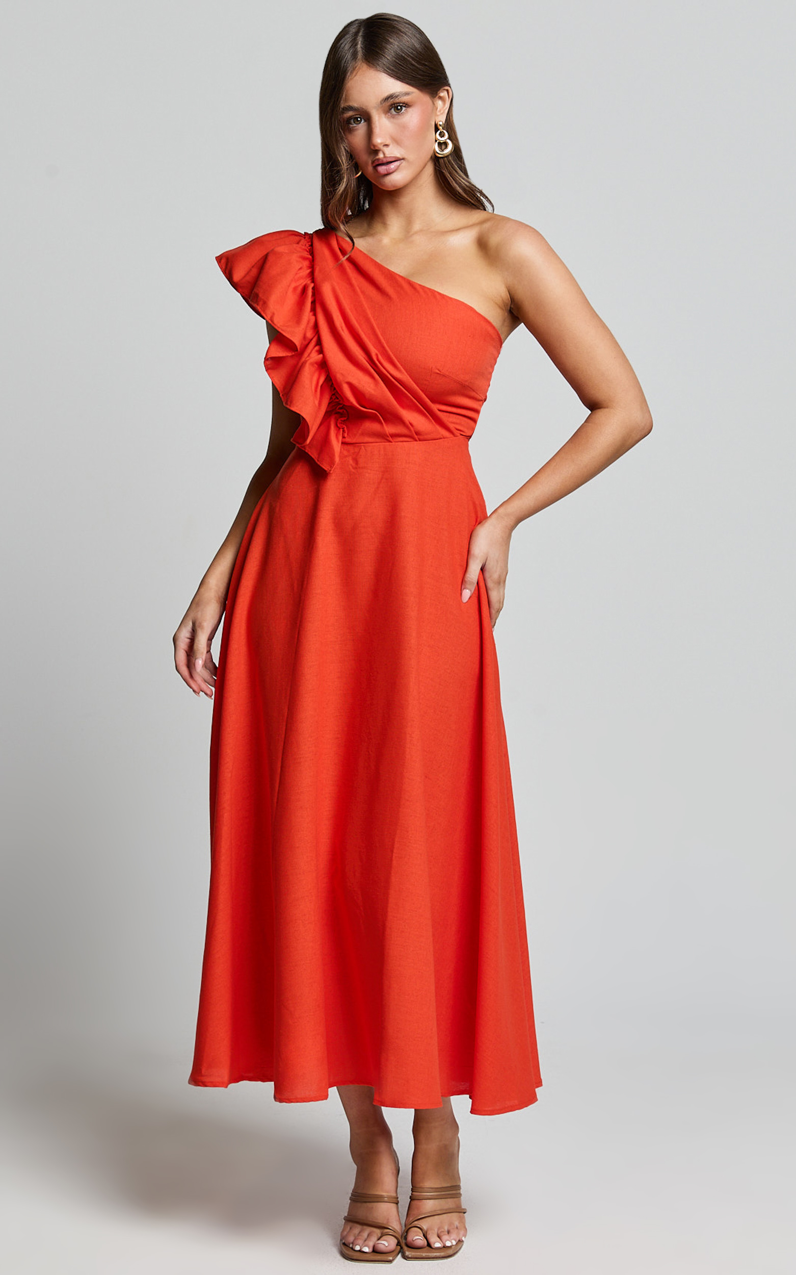 Dixie Midi Dress - Linen Look One Shoulder Ruffle Dress