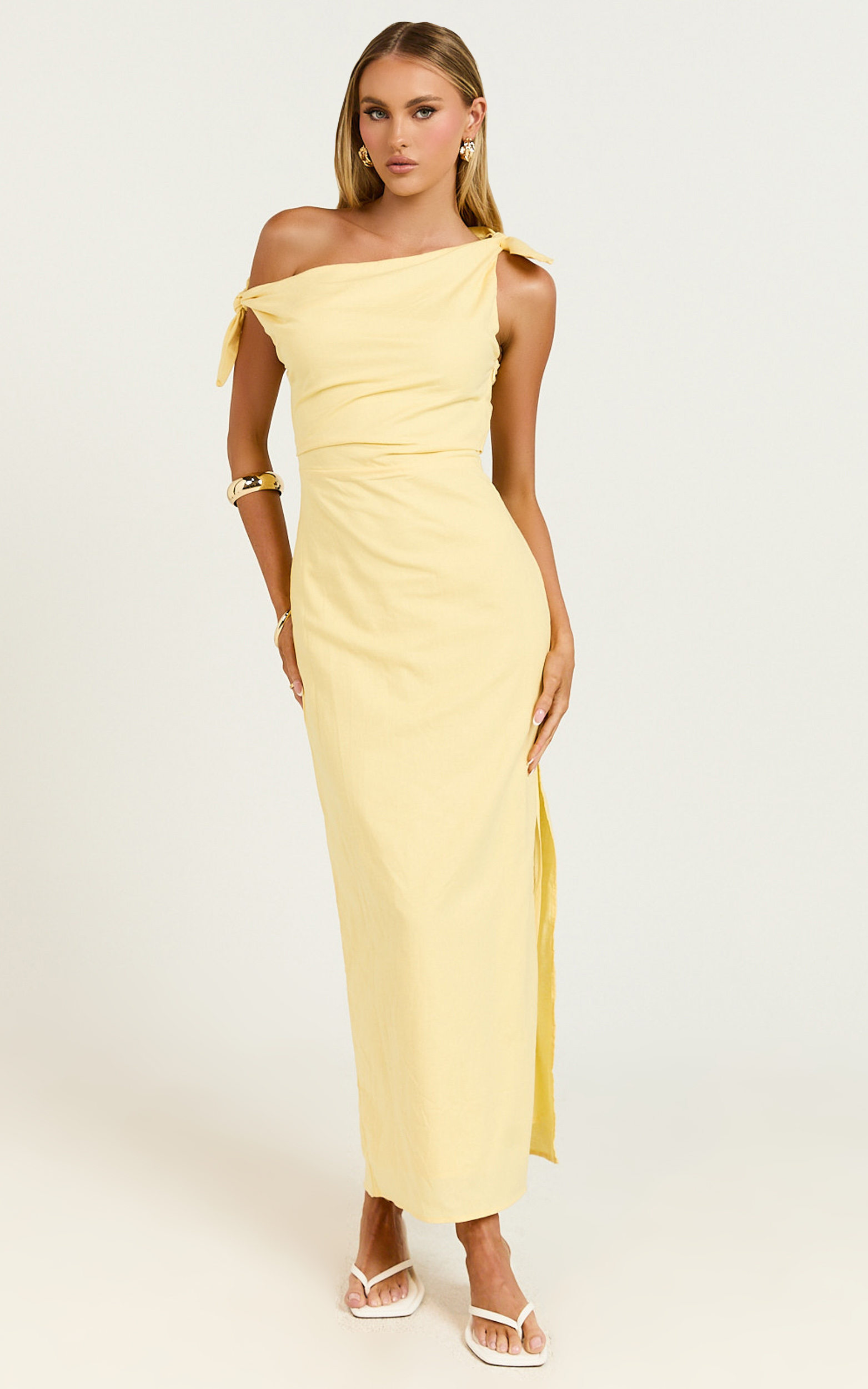 Cincinnati Midi Dress - Off The Shoulder Side Split Column Linen Dress
