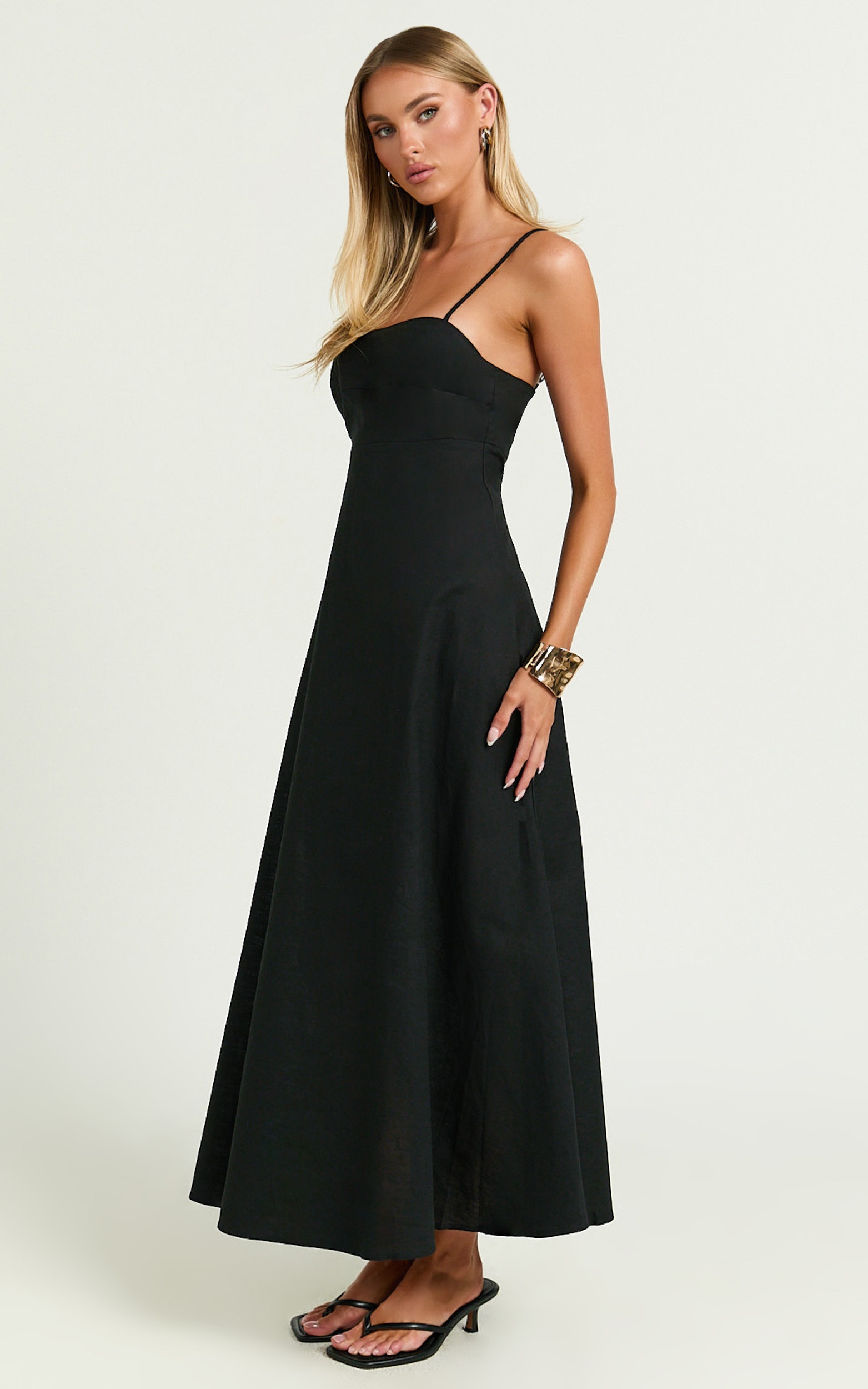 Brette Midi Dress - Linen Straight Neck Strappy Fit And Flare Dress