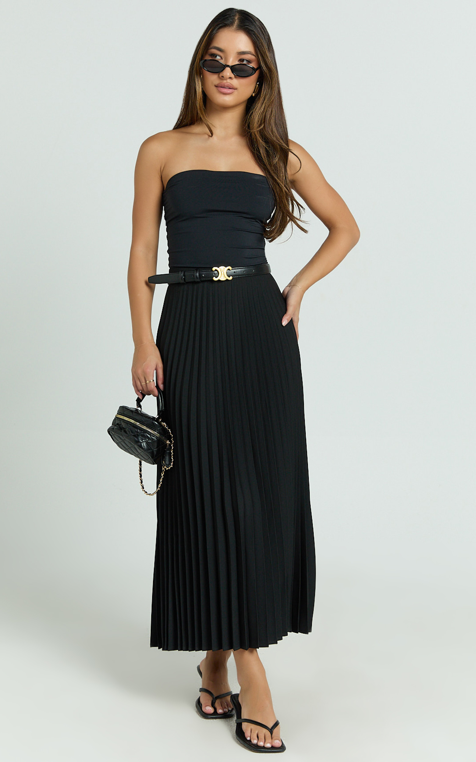 Harlee Midi Skirt - Pleated High Waist A Line Skirt in Black
