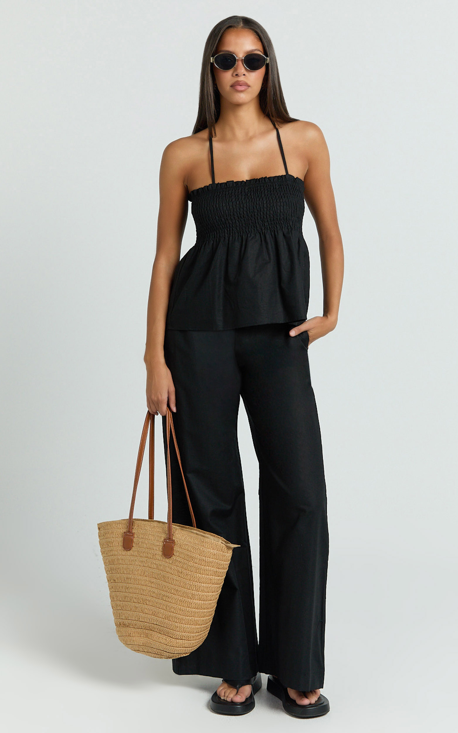 Auric Two Piece Set - Ruched Detail Top and Wide Leg Pants Set in Brown