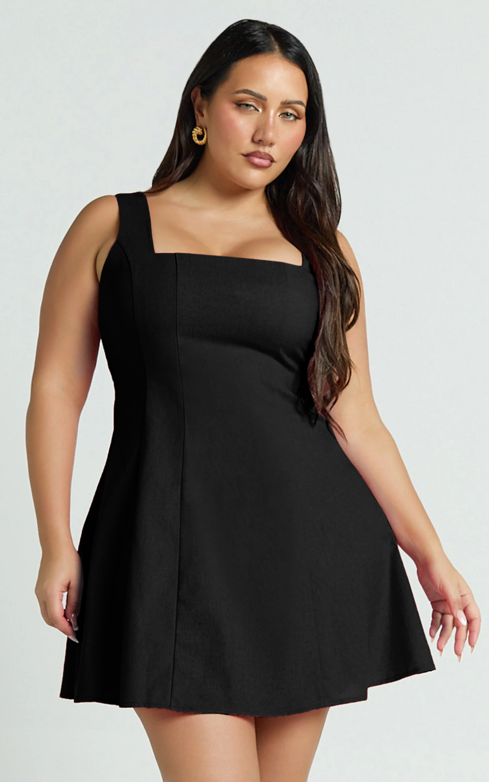 Adiana Mini Dress - Linen Square Neck Shirred Back A Line Dress