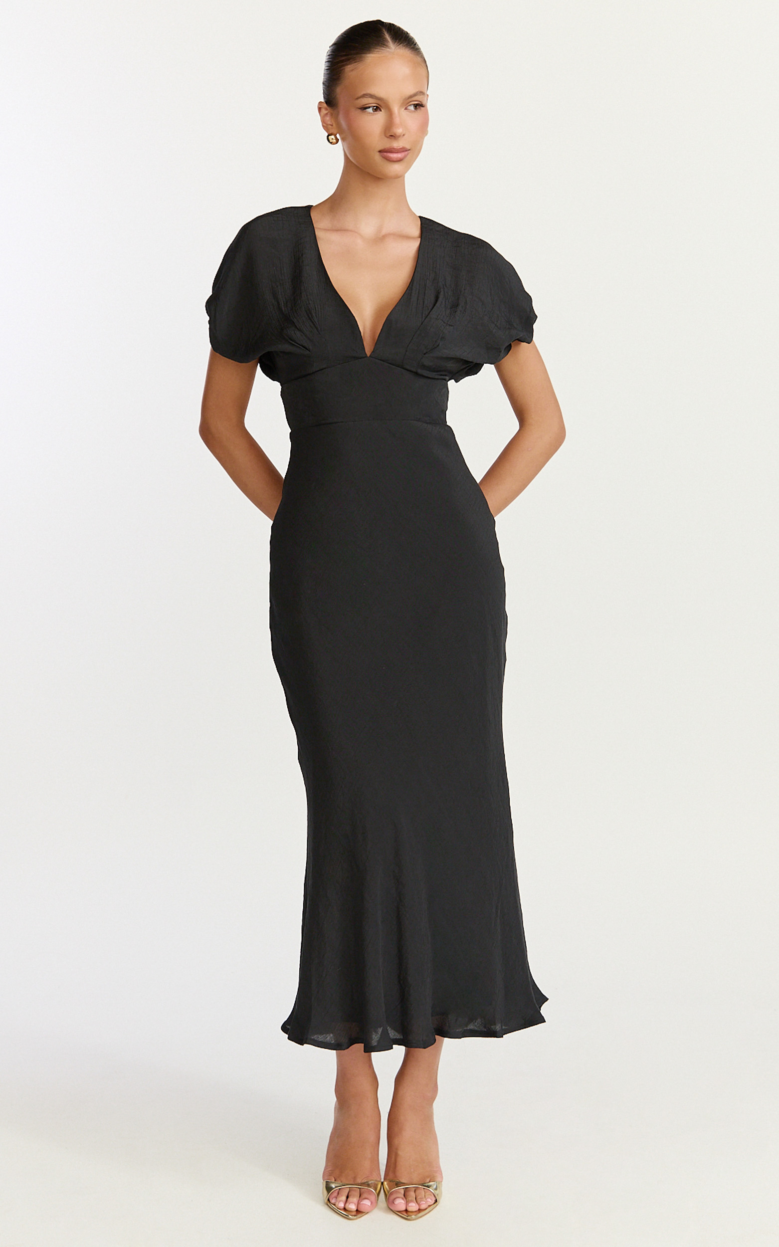 Desiree Midi Dress - V Neck Flutter Short Sleeve Slip Dress in Black