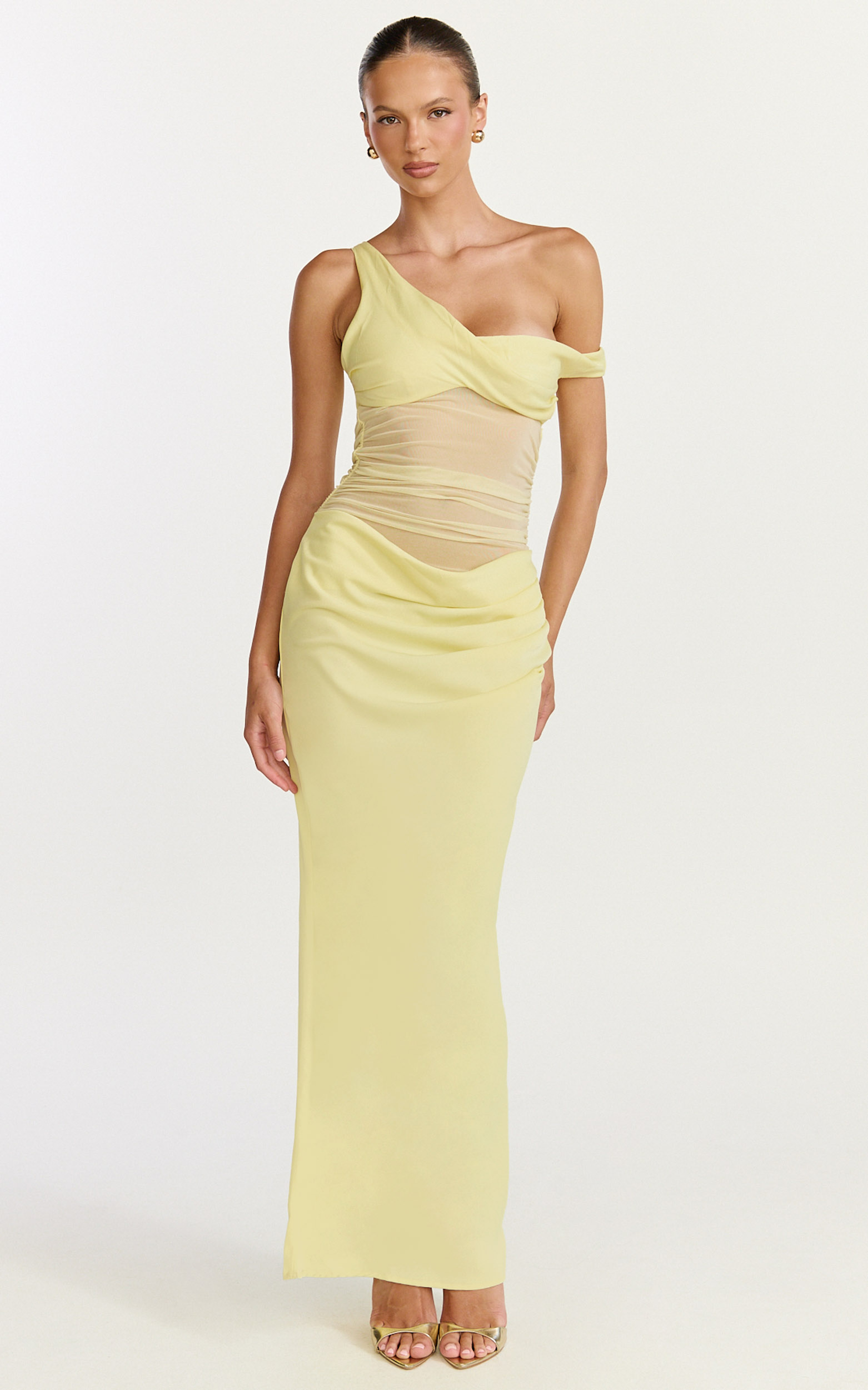 Elias Maxi Dress - Twisted One Shoulder Cowl Dropped Waist Dress in Lemon