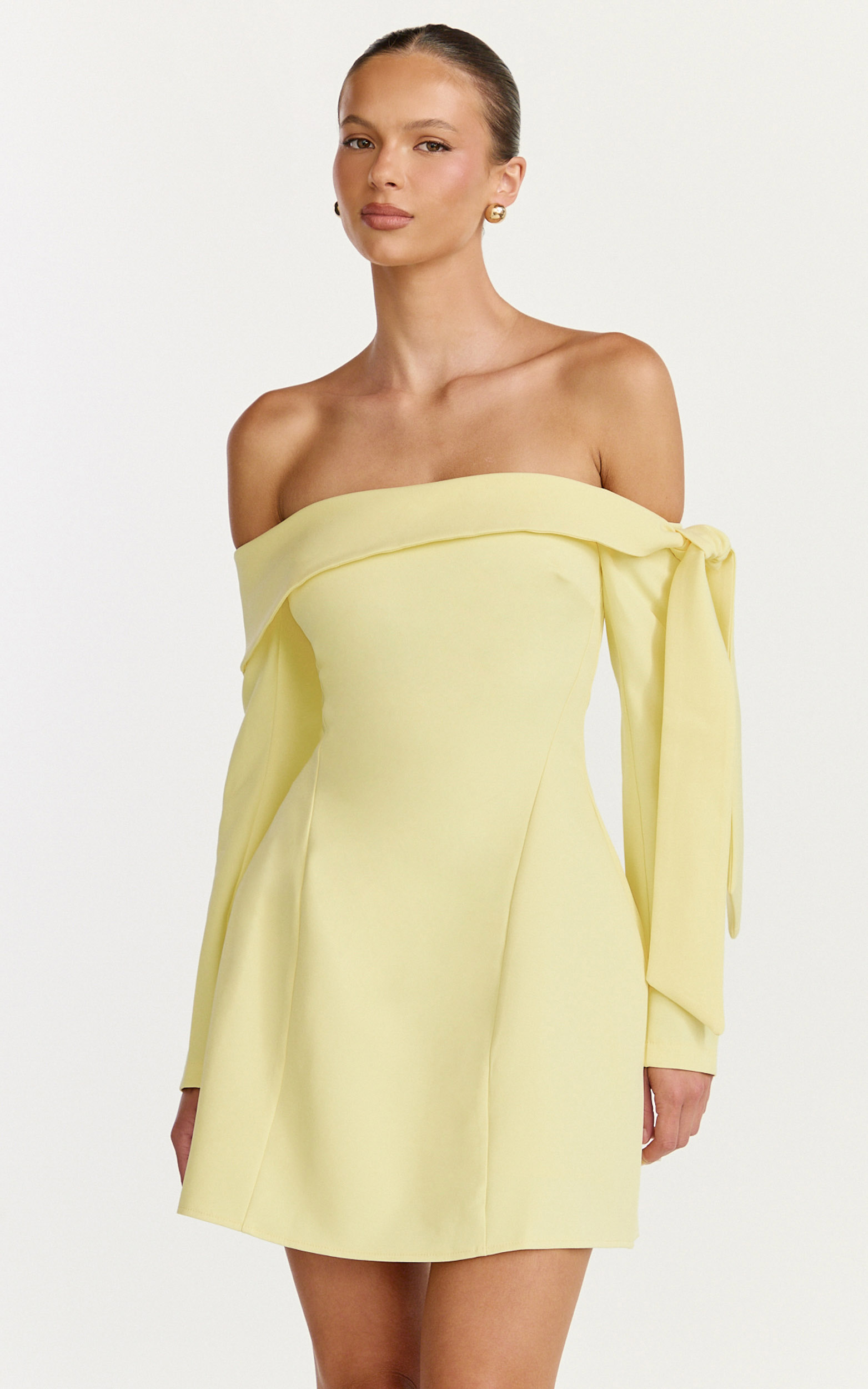 Eljay Mini Dress - Long Sleeve Off Shoulder Knot Detail Dress in Lemon