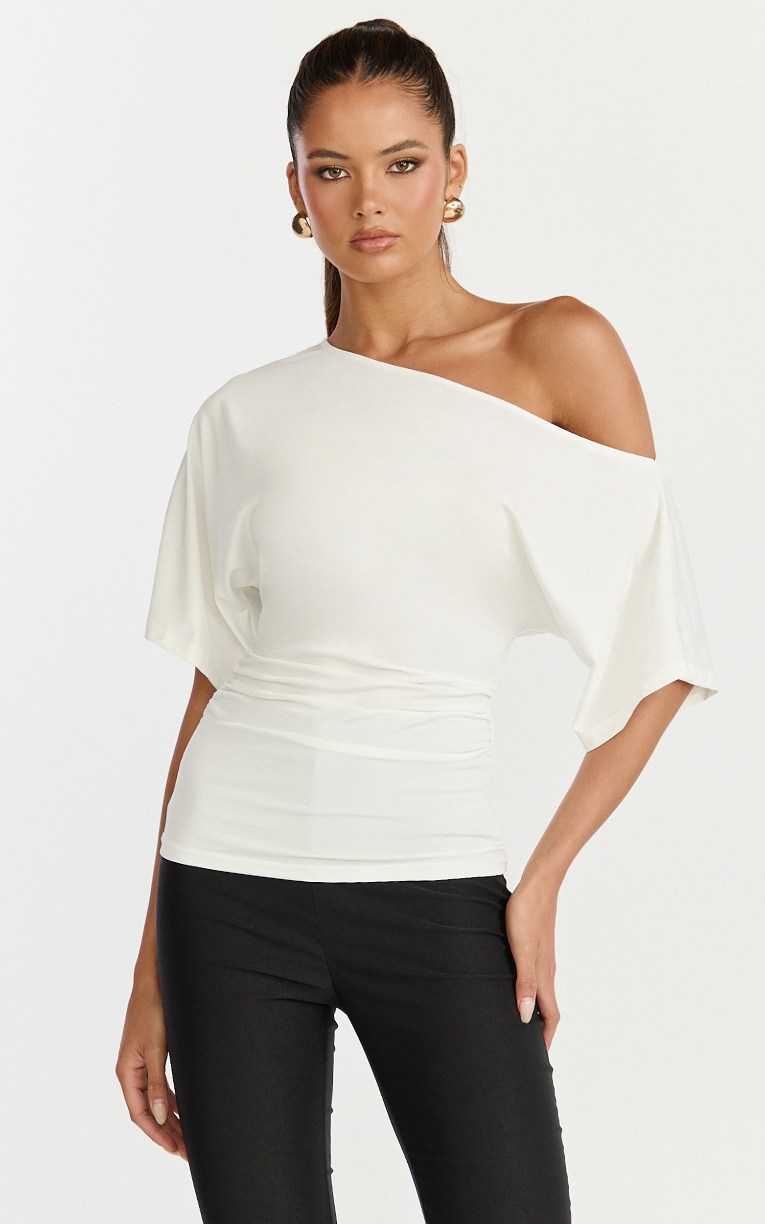 Dora Top - Off Shoulder Ruched Waist Top in Off White