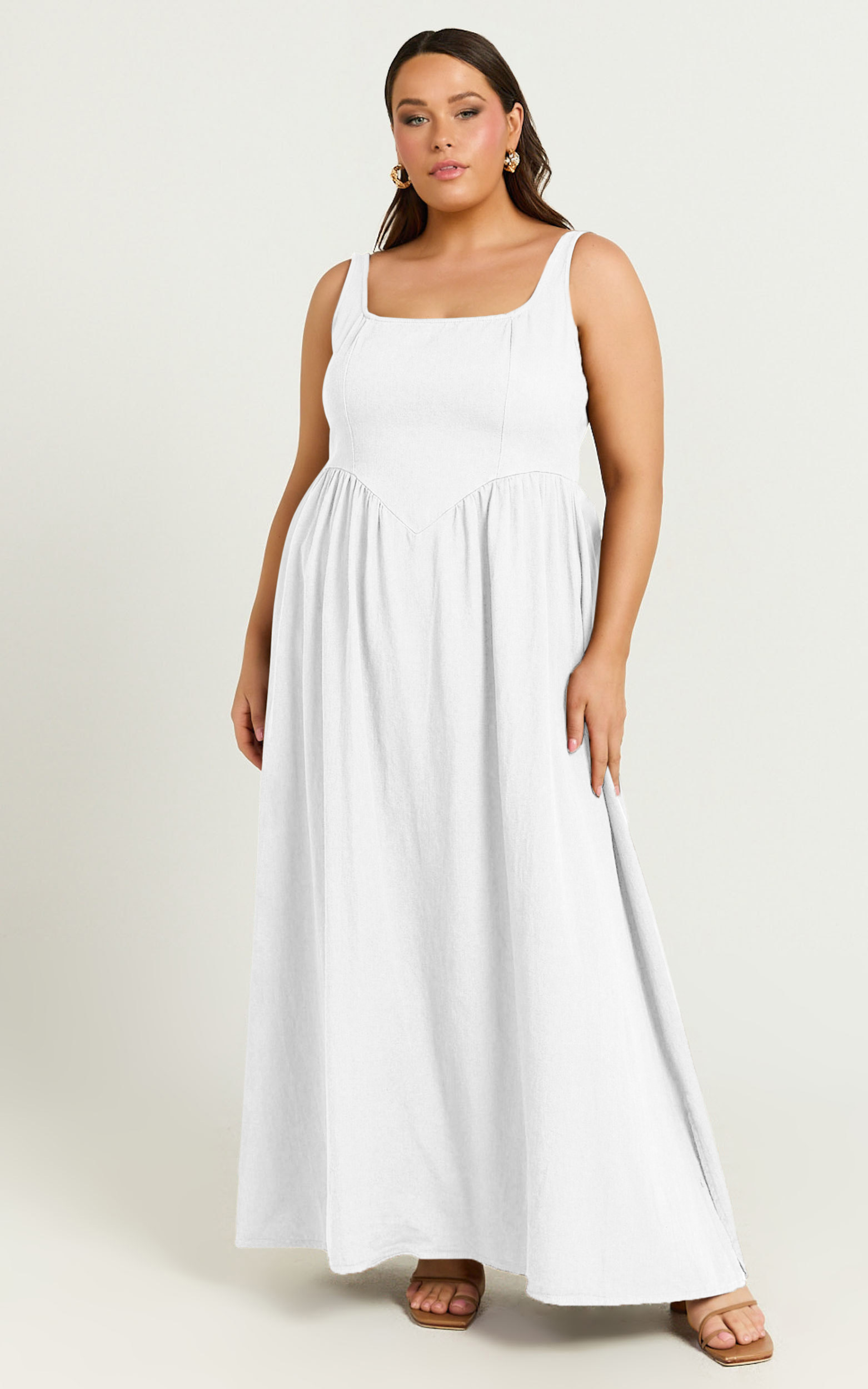 Rhaziya Midi Dress - Sleeveless Straight Neck Fit and Flare Dress in White
