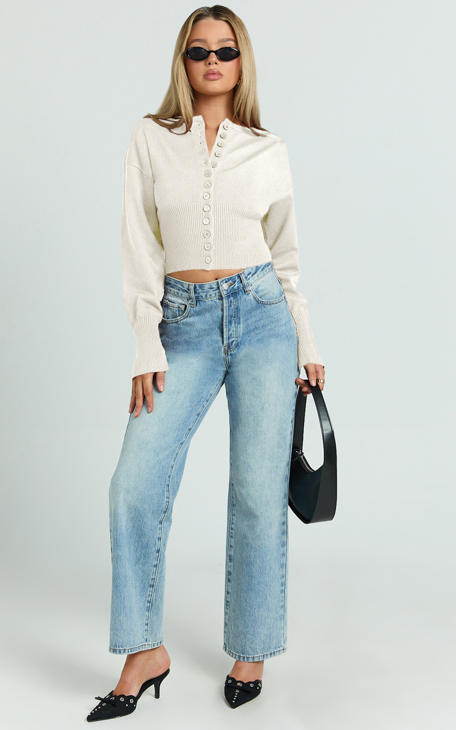 Ramsey Cardigan - Recycled Contoured Waist Button Down Cardigan in Ivory