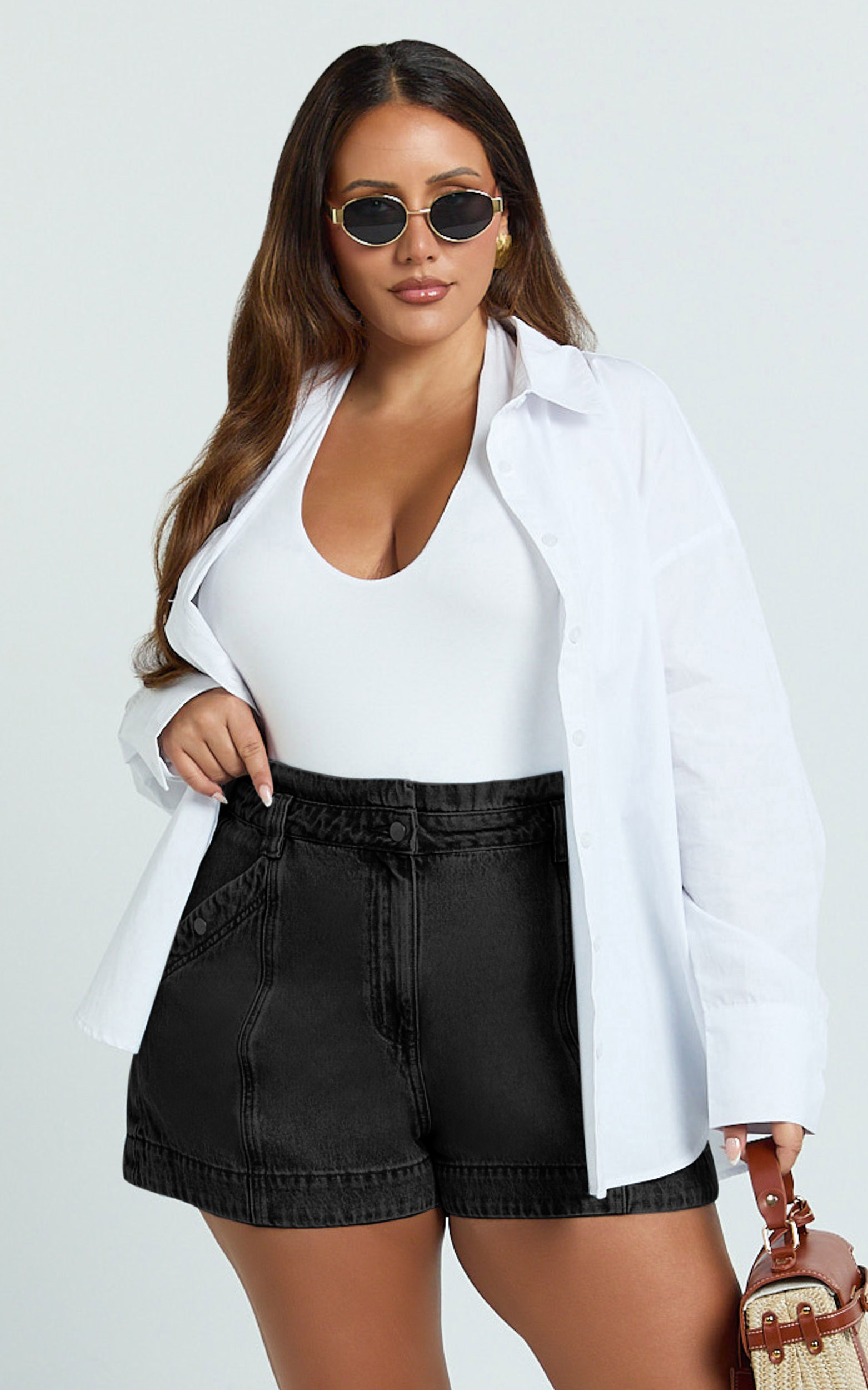 Kayla Shorts - High Waisted A Line Denim Shorts in Washed Black