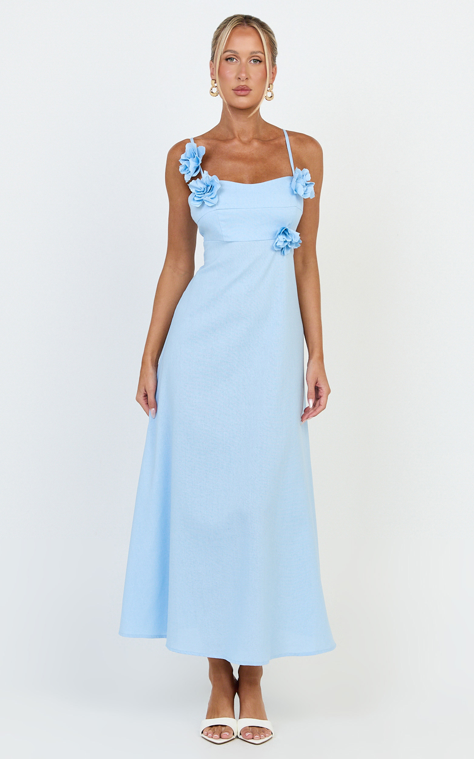 Ondine Midi Dress- 3D Flower Strappy Dress in Blue