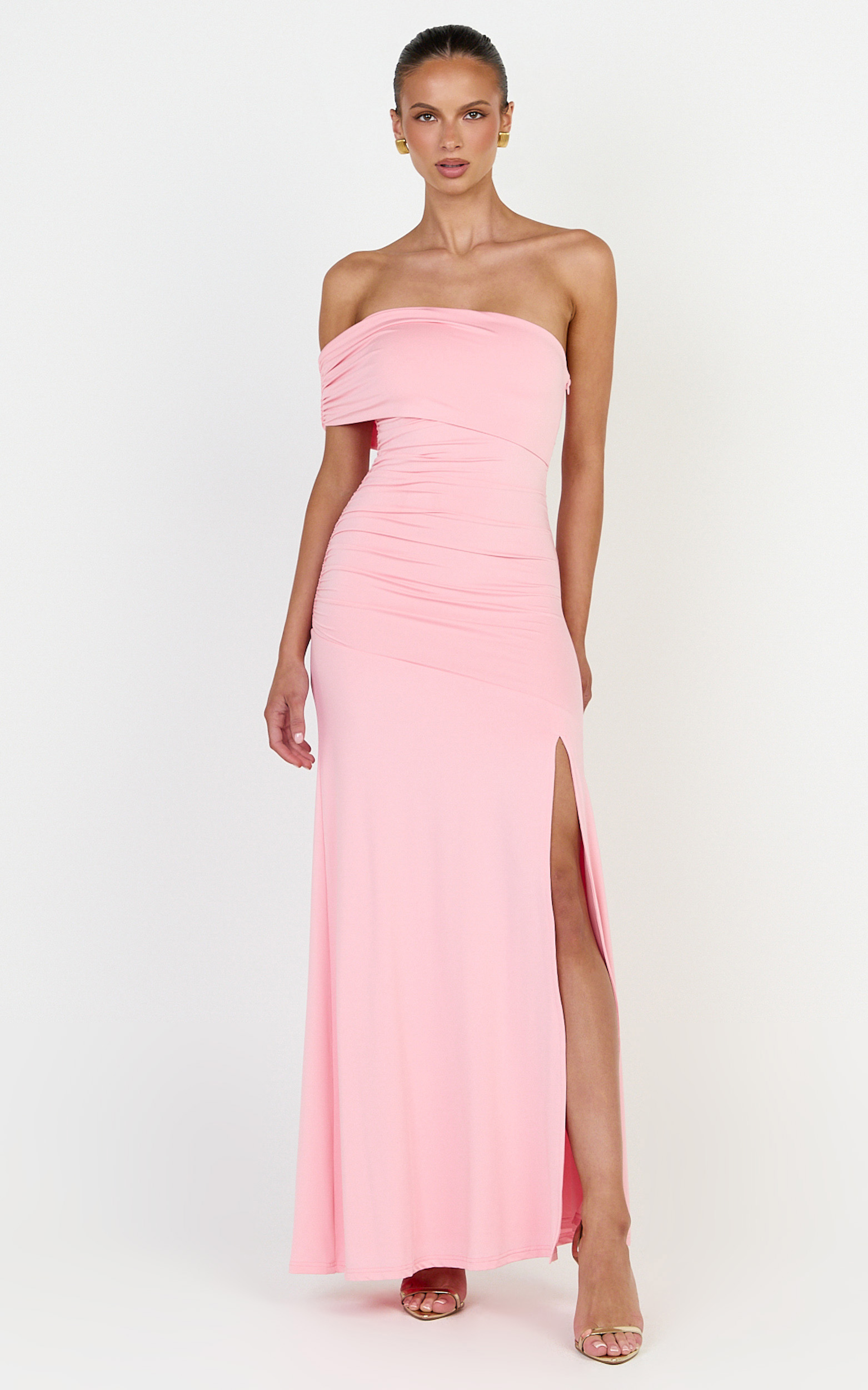 Opal Maxi Dress - Off Shoulder Gathered Bodice Fit And Flare Dress in Pink