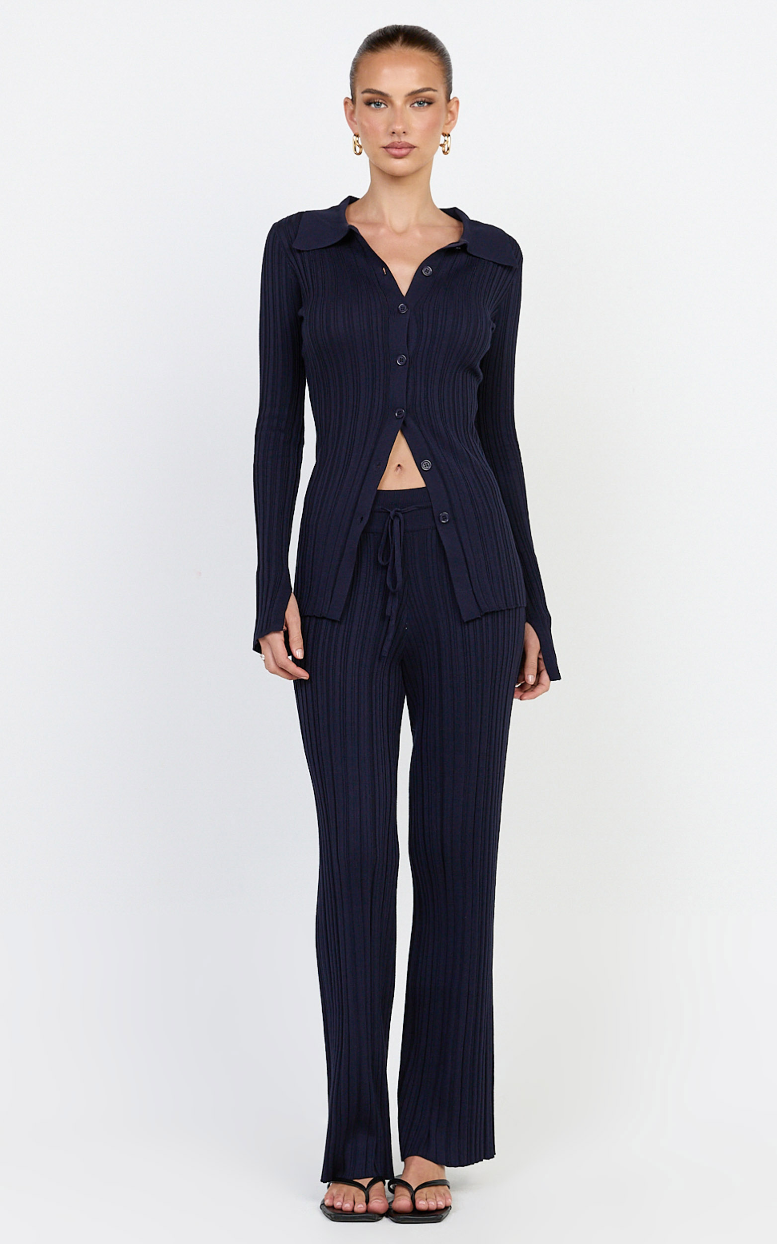 Kelsey Pants - High Drawstring Waist Knit Pants in Navy