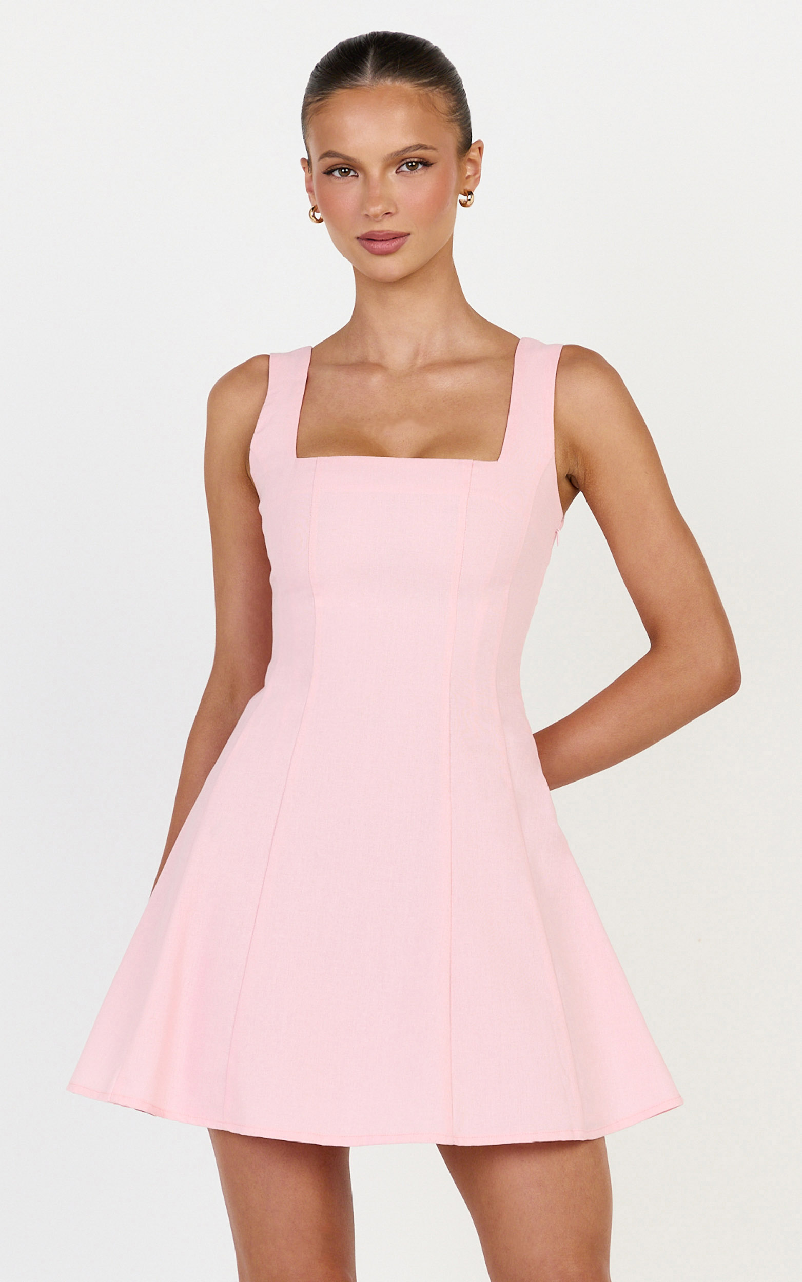 Adiana Mini Dress - Linen Square Neck Shirred Back A Line Dress