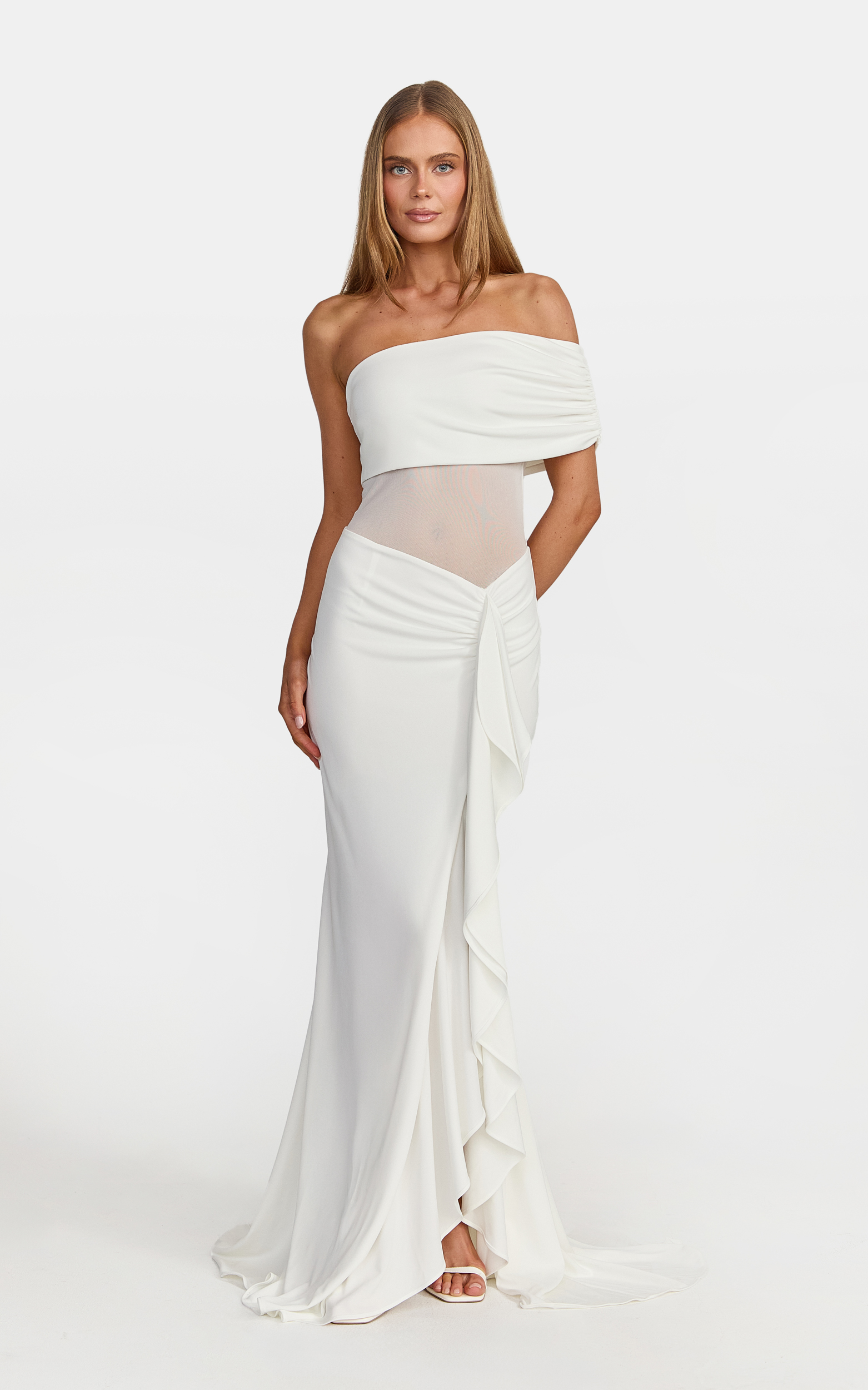 Hallie Maxi Dress - One Shoulder Flounce Dress With Leg Split And Sheer Panel