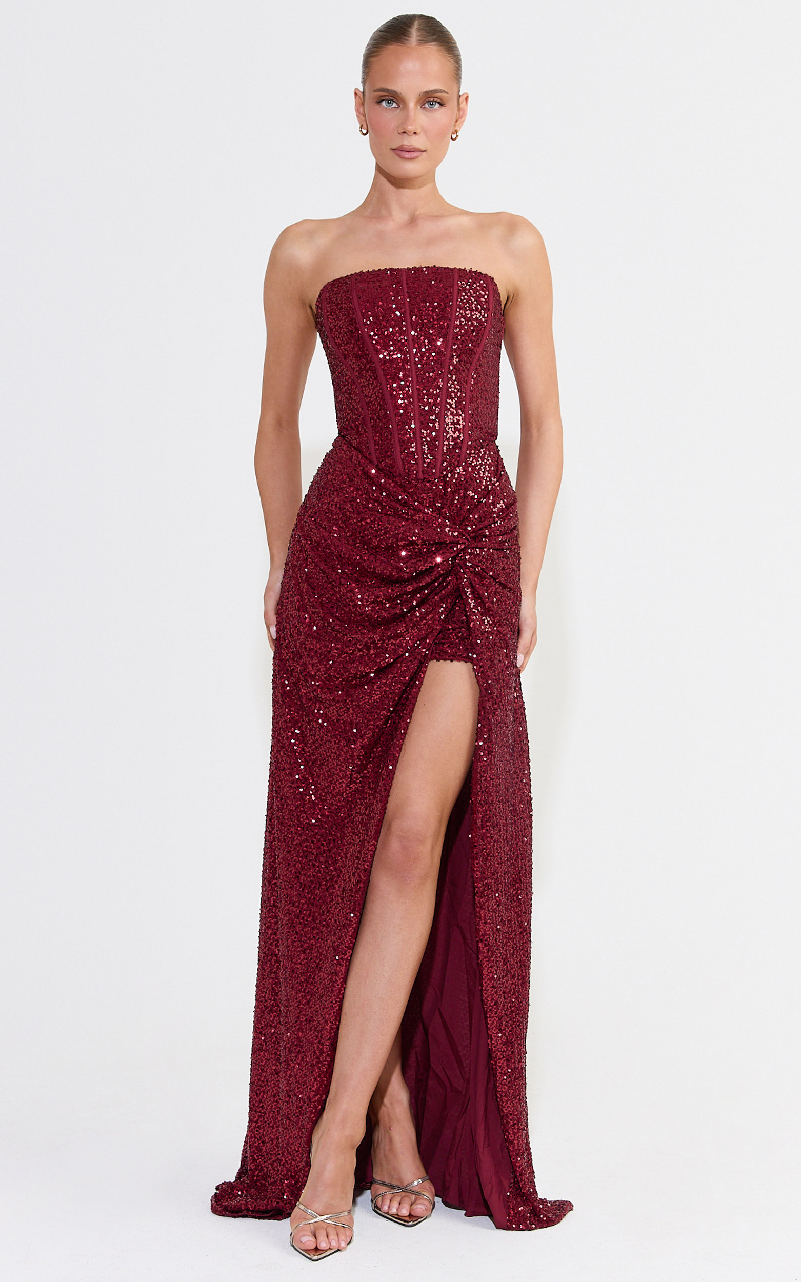 Tess Maxi Dress - Strapless Corset Bodice Sequin Dress With Draped Skirt
