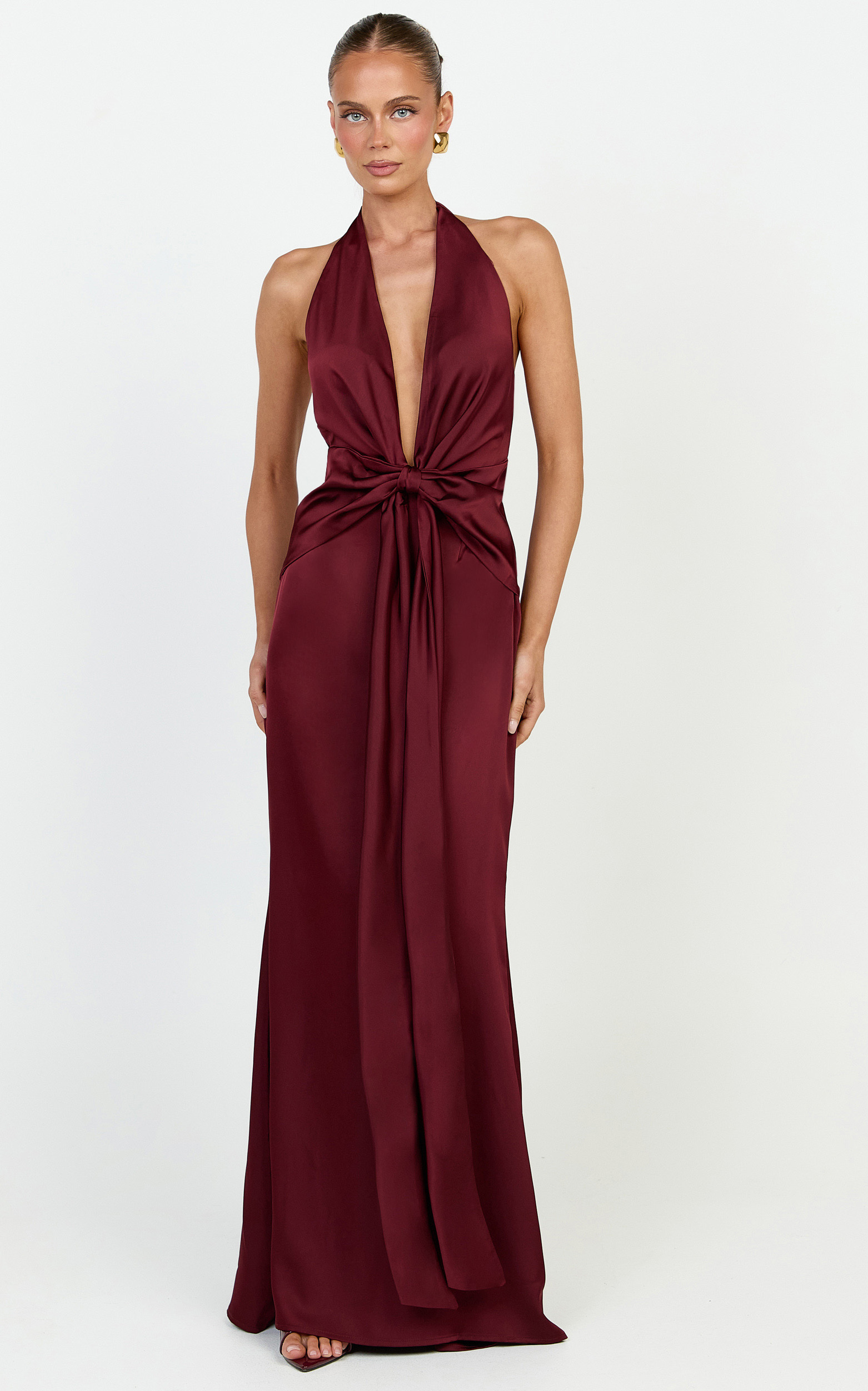 Raven Maxi Dress - Deep V Neck Tie Front Satin Dress