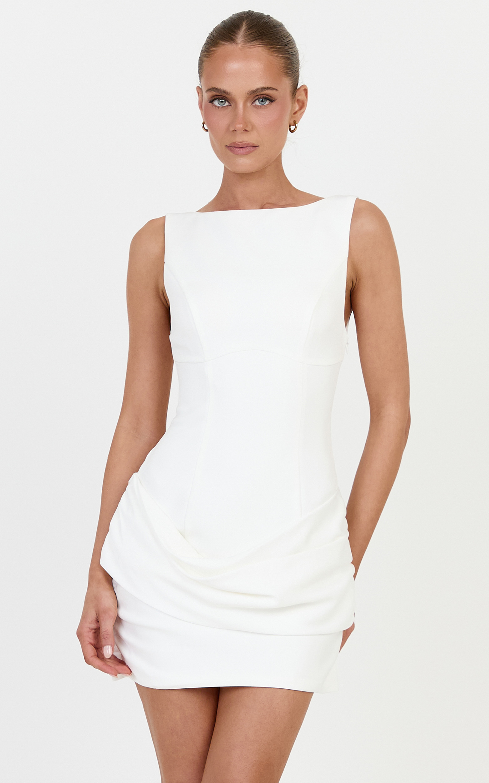 Sabrina Mini Dress - High Boat Neck Overlay Draped Skirt Dress in Off White