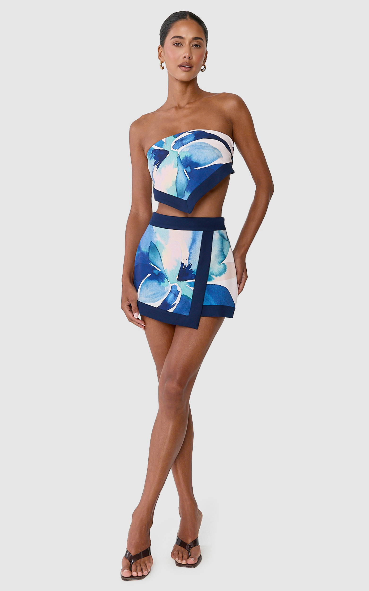 Anouk Skort - A Line Wrap Detail Mini Skort in Navy Watercolour Floral Print